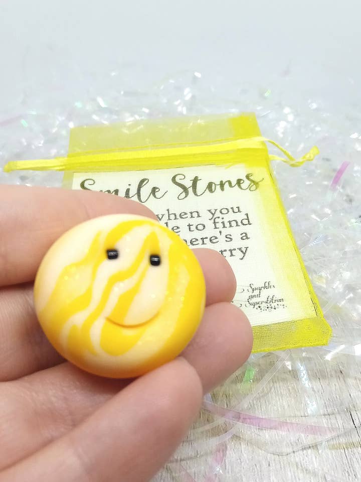 Smile Stone yellow and glittered white polymer clay keepsake for wholesale by Sparkles and Superstition