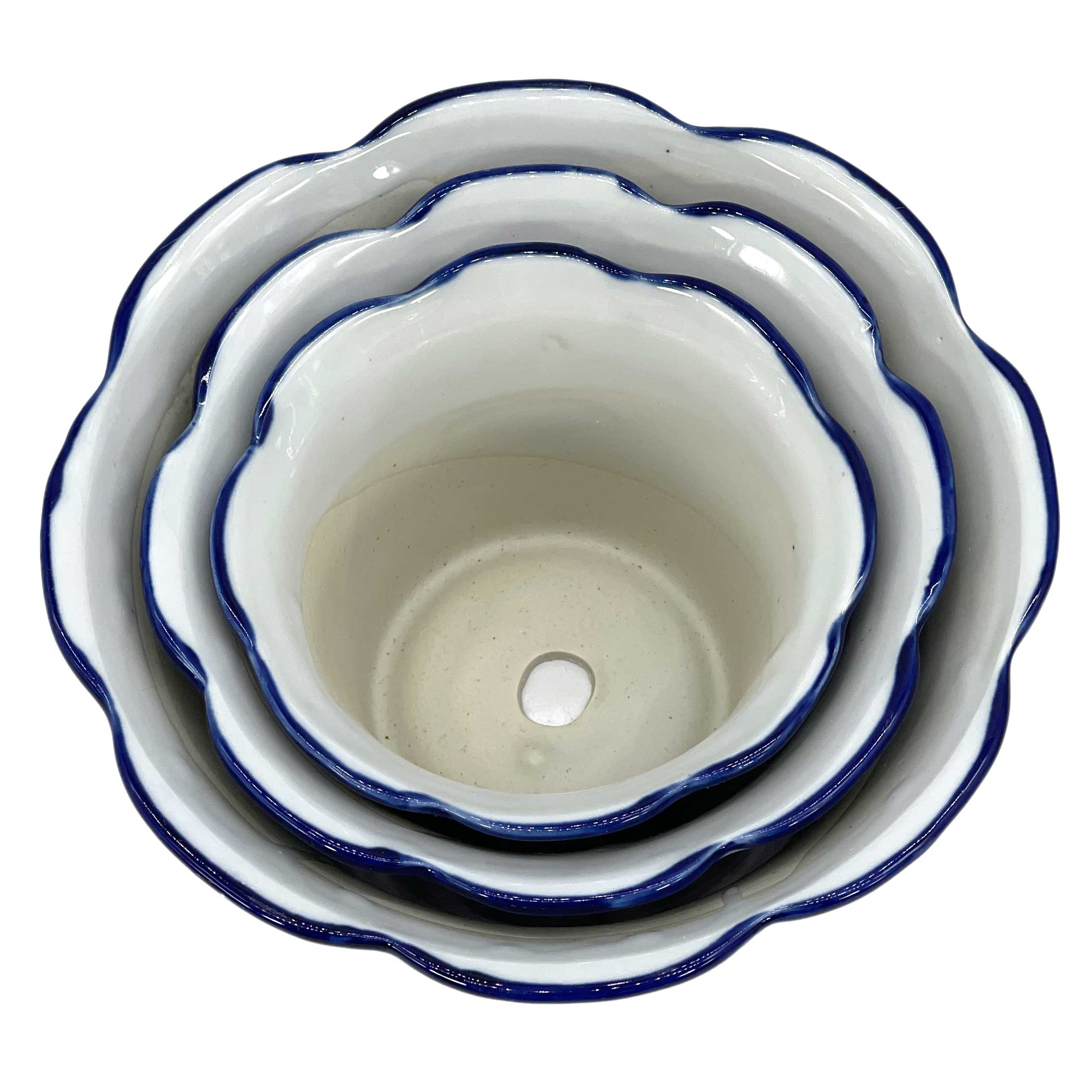 Galt International Company – wholesale Plant pot – Set of 3 Blue & White Floral Ceramic Pots Ruffled Lip Style22