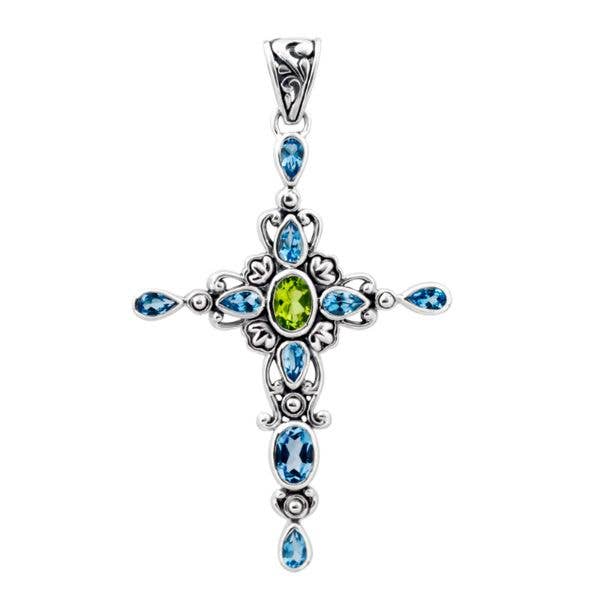 AP-1054-CO1 Sterling Silver Cross Pendant with Peridot Q. & Blue Topaz Q. – Handcrafted Bali Jewelry for wholesale by Bali Designs