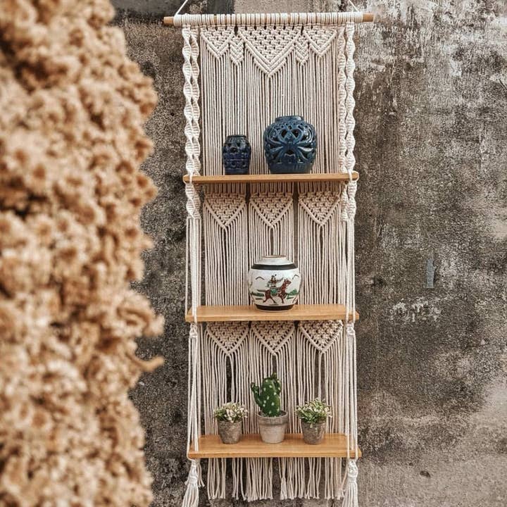Macrame Floating Wood Shelf for wholesale by BRECK + FOX