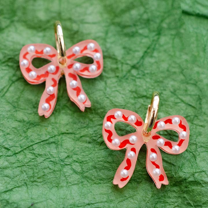 Pink and Red Pearl Bow Earrings for wholesale by Jill Makes