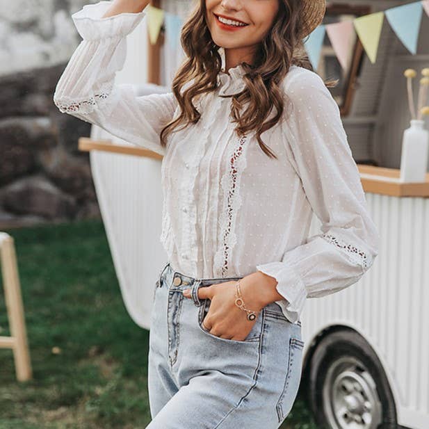 White Ruffled Trim Cutout Lace Floral Blouse for wholesale on Faire