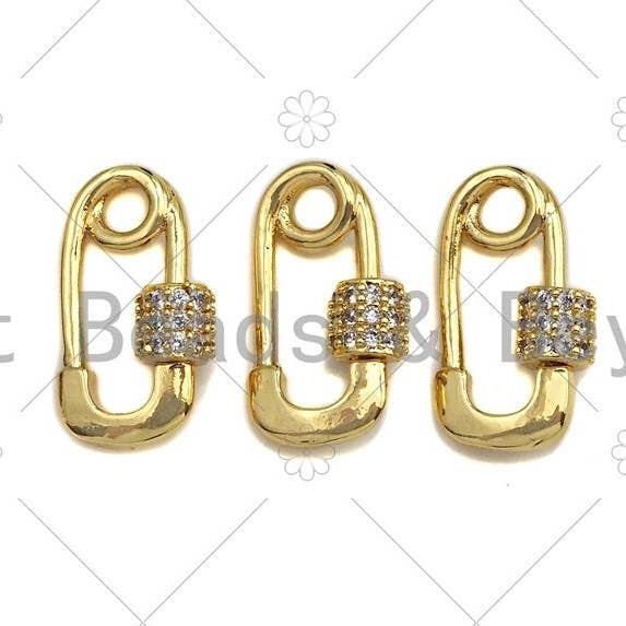Lille 18K Guld Clear CZ Micro bane Sikkerhed Pin Shape Clasp, Karabinhage lås Sikkerhedsnål, Papir klip Kæde stik lås, 8x14mm, sku #LK12 for engroshandel hos BestBeads&Beyond