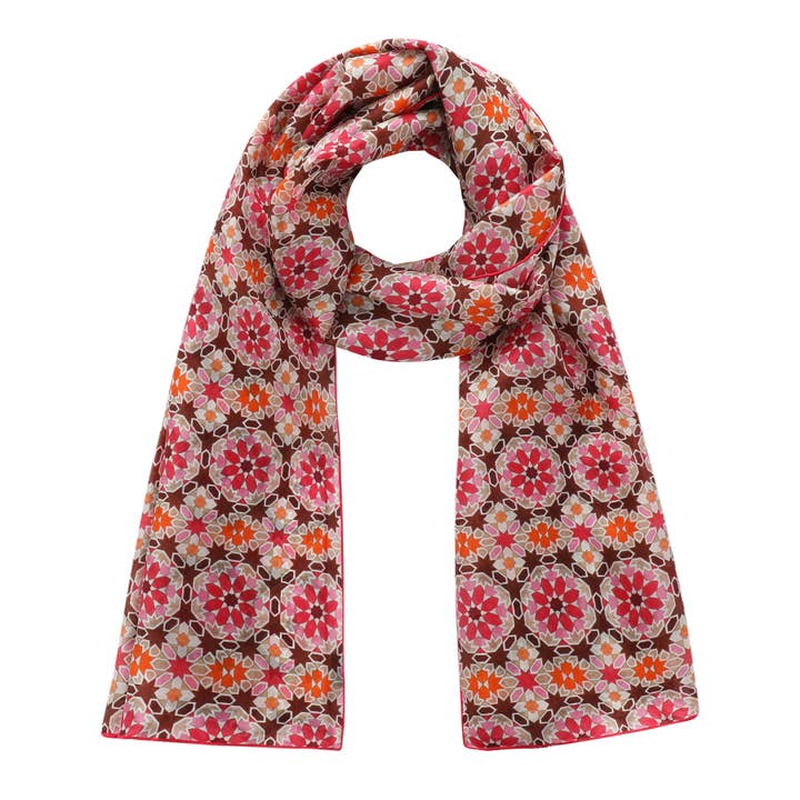 Pink, Orange, and Brown Silk Scarves with Geometric Print for wholesale by Hamzah