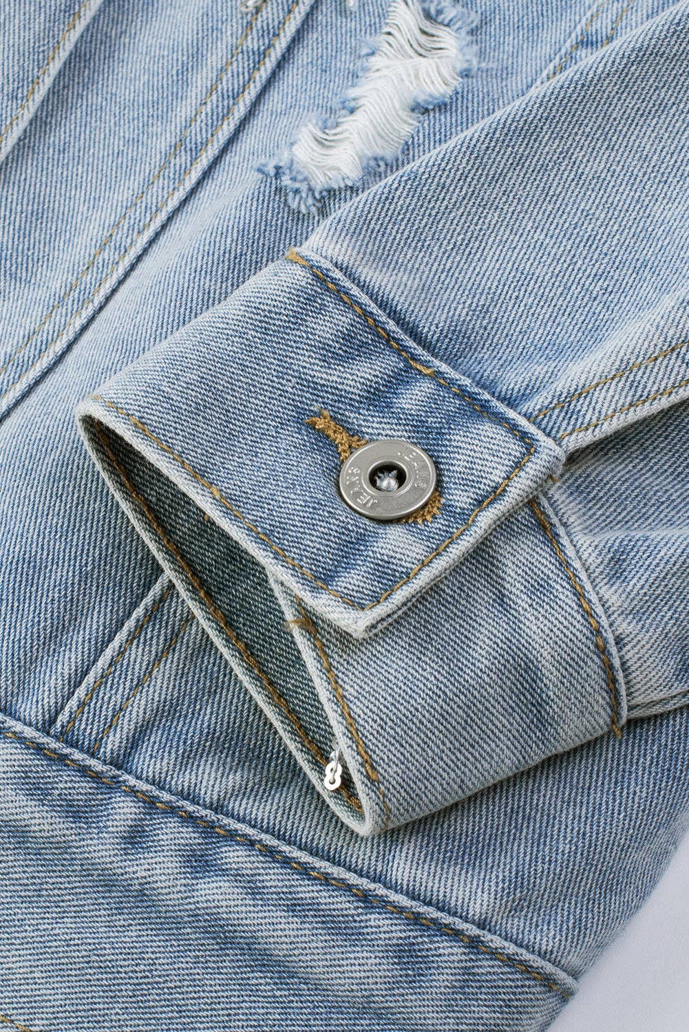 Sky Blue Sequin Embellished Fringe Distressed Denim Jacket for wholesale on Faire18