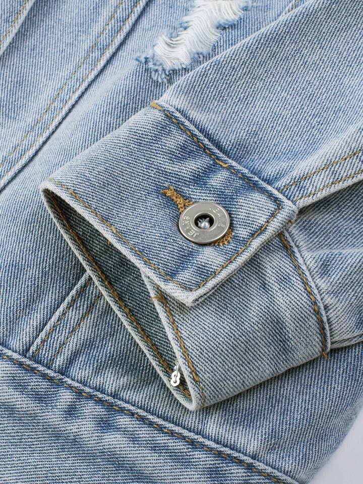 Sky Blue Sequin Embellished Fringe Distressed Denim Jacket for wholesale on Faire18