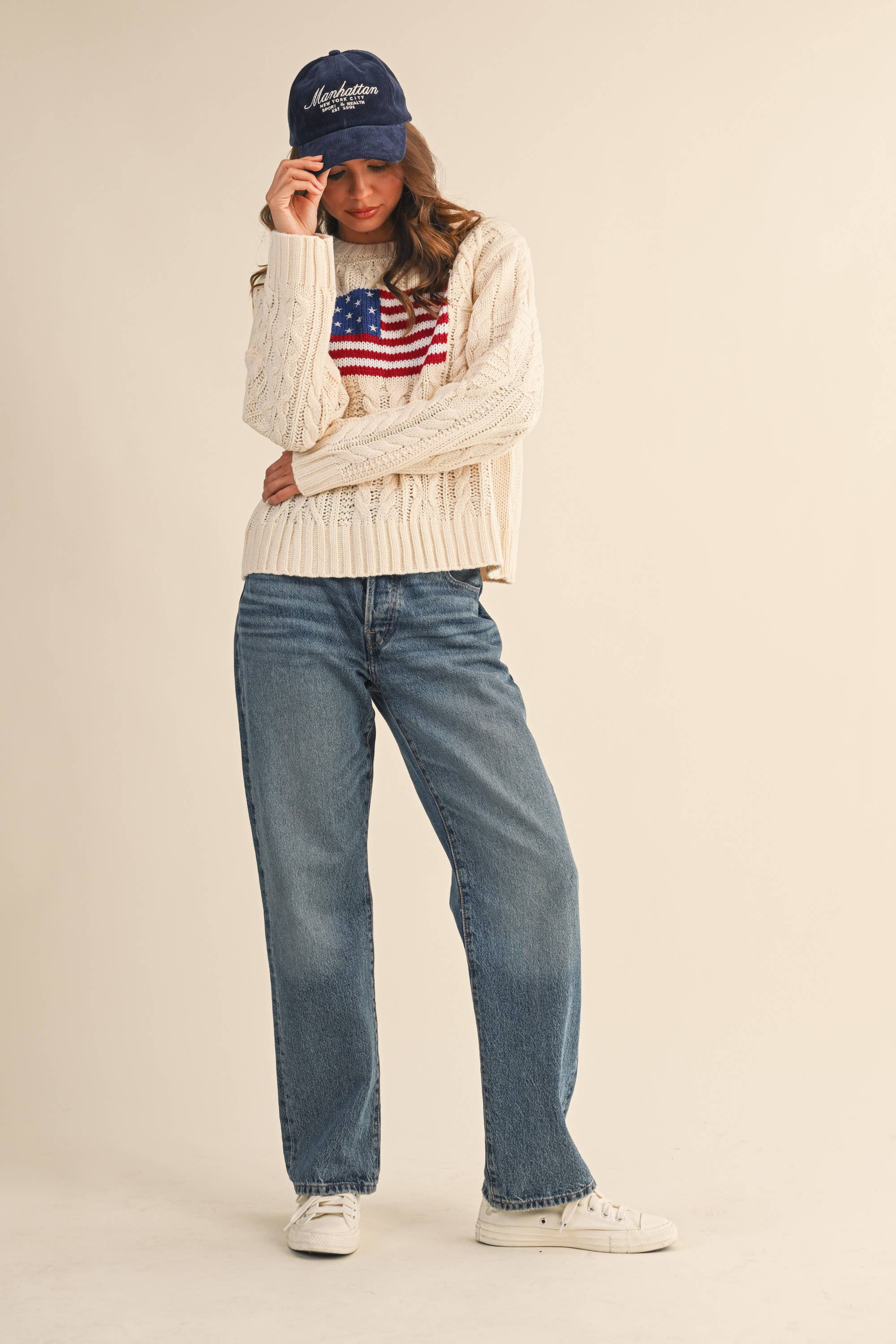 Klesis - Vente Pull en maille – femme - IT4473 PULL EN MAILLE CÂBLÉE AVEC DRAPEAU AMÉRICAIN14