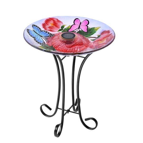 Hi-Line Gift Ltd. - Wholesale Bird Bath - Solar Led Floral Glass Bird Bath - Butterflies & Peonies