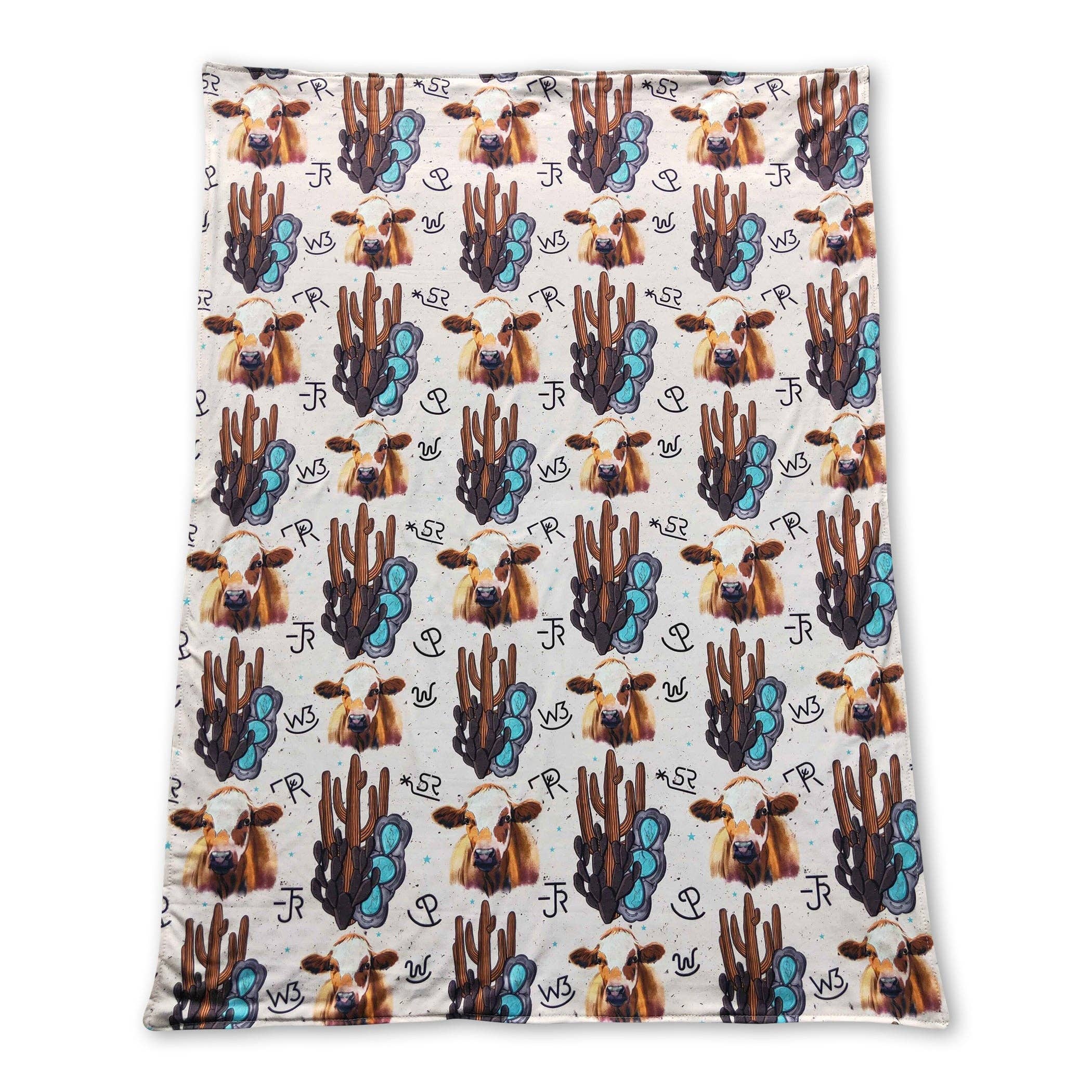 Yawoo Garments - Vente Couverture de lit – enfant et bébé - Couvertures western pour bébés en forme de vache et cactus, marron turquoise1