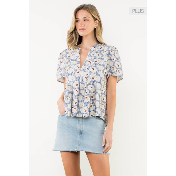 Top de flores con pliegues y cuello en V /Talla XL/ para venta al por mayor de THML