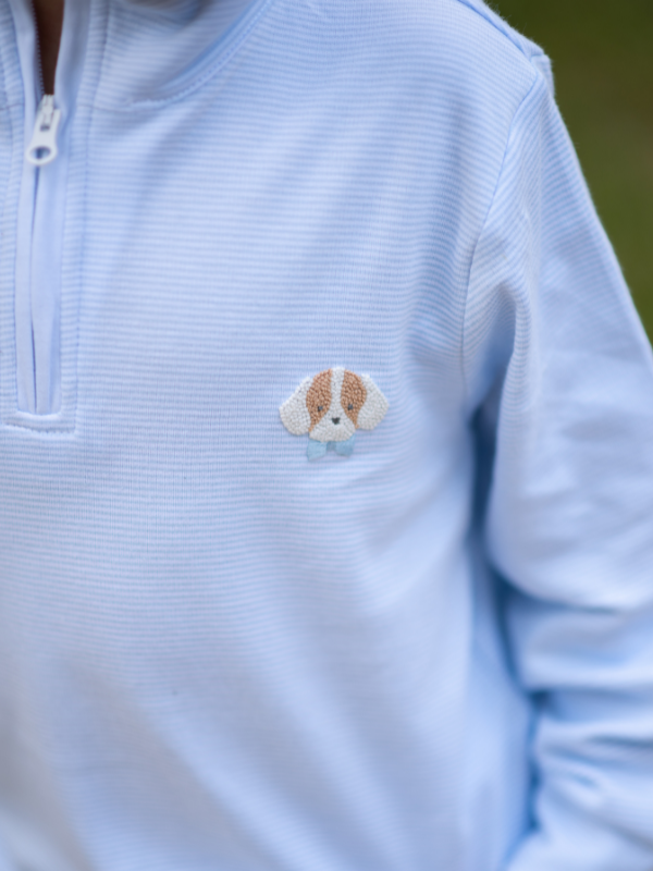 Spotted Puppy Half Zip Baby Pullover Set | Lt Blue Mini Stripe for wholesale on Faire4