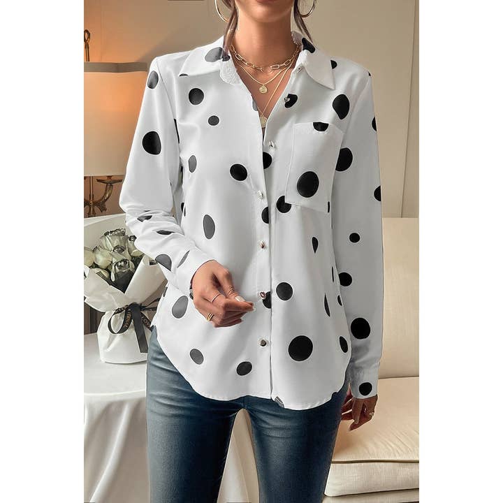 Dot Print Pocket Drop Shoulder Button Blouse for wholesale by Supreme Fashion