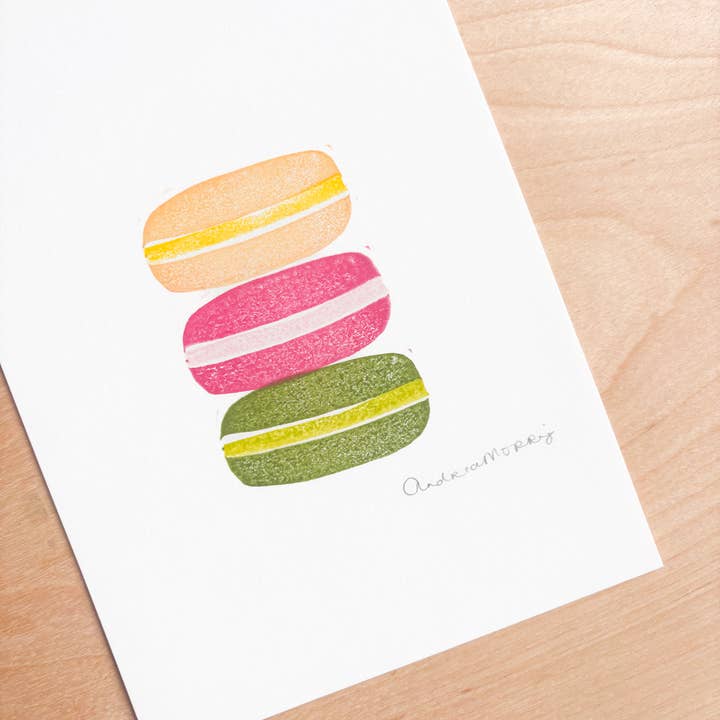 "Den kungliga makronen" Handgjord linoleumsnitt för wholesale av Andrea Morris Art