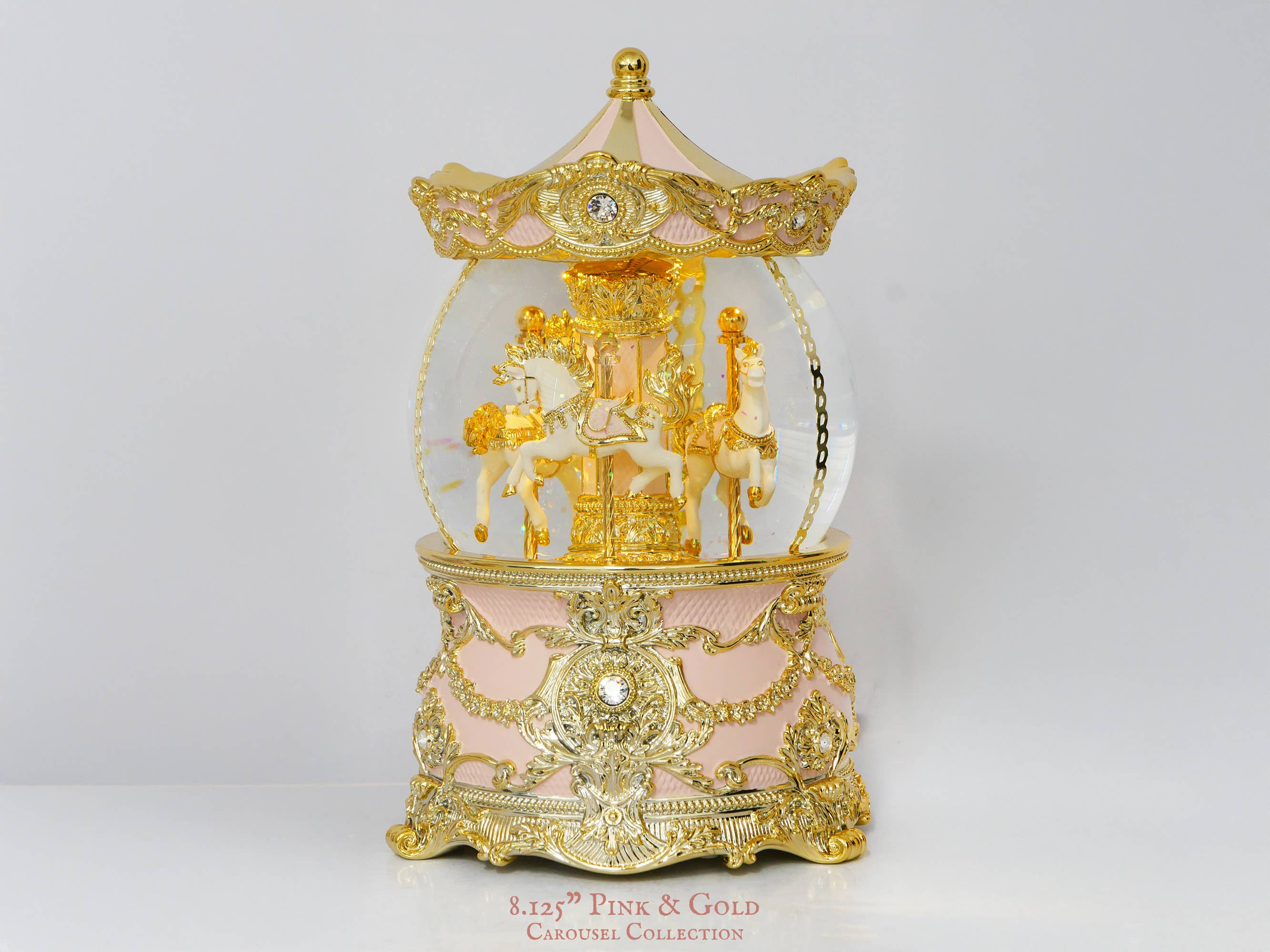 IEGIFT - Wholesale Music Box - Kids & Baby - 8.125" Crown Canopy Carousel Horse Glitter Globe, Pink