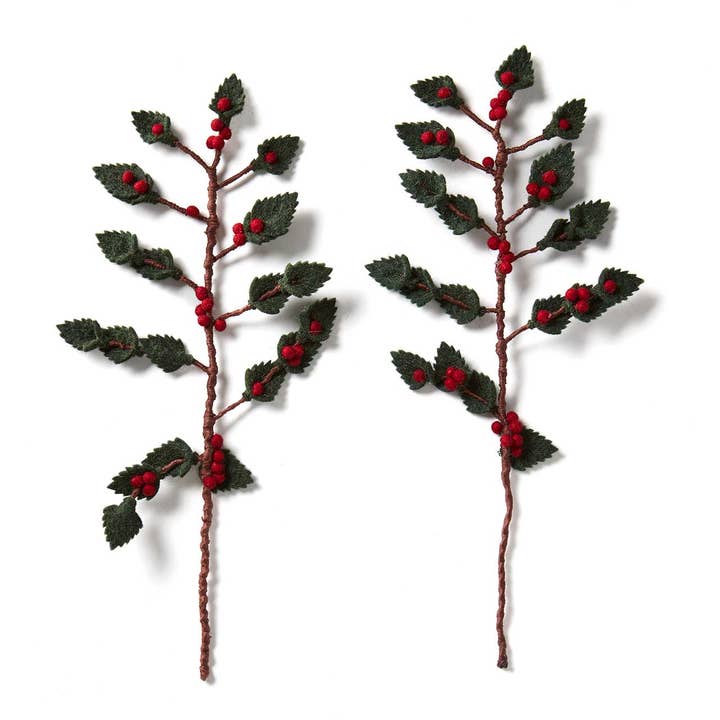SERRV International - Wholesale Artificial Flowers - Felt Holly Holiday Branches - Set of 2