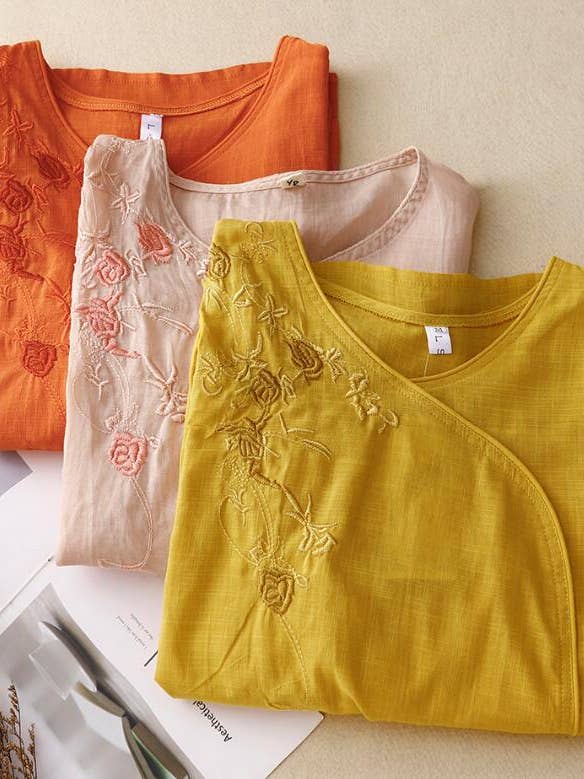 Three-quarter Sleeve Embroidered Ramie Shirt for Women for wholesale by Whisper Mint