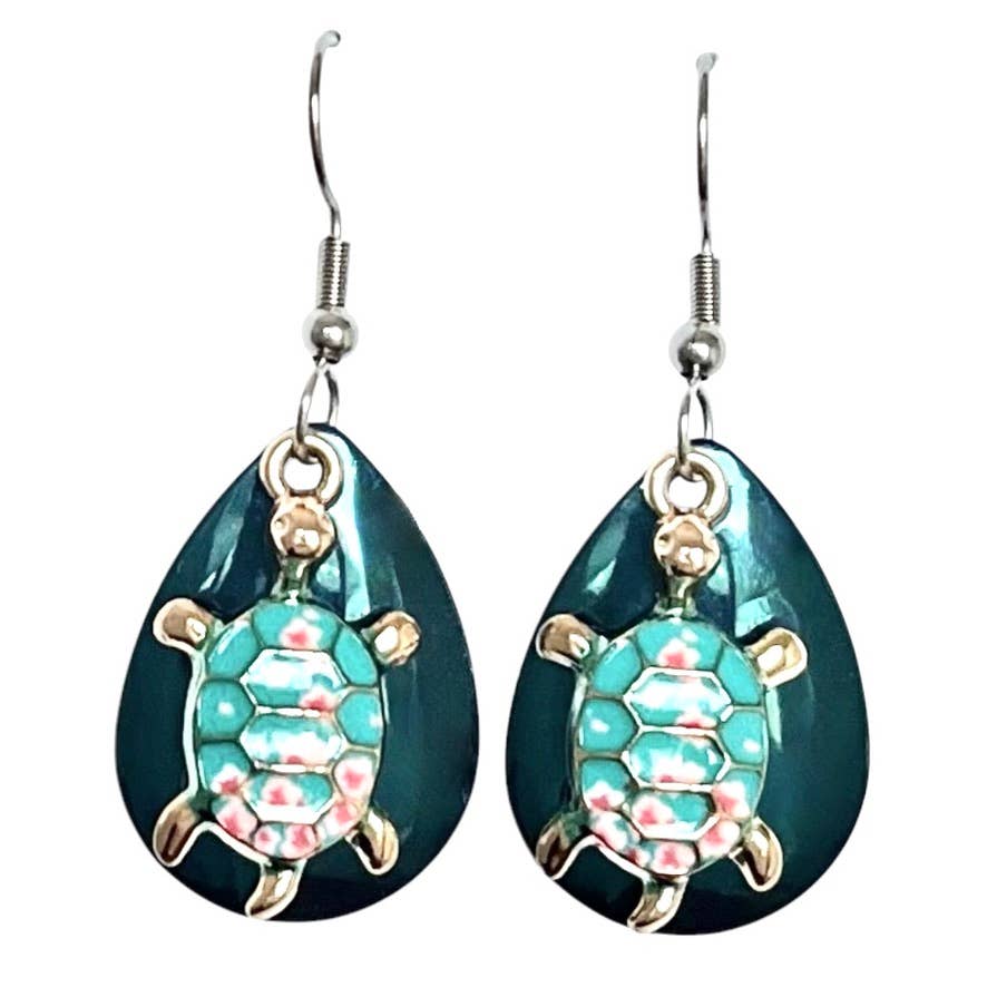 Eye Catching Jewelry - Vente Boucles d'oreilles pendantes - Boucles d'oreilles tortue de mer bleu sarcelle Bijoux ton or faits main plage0