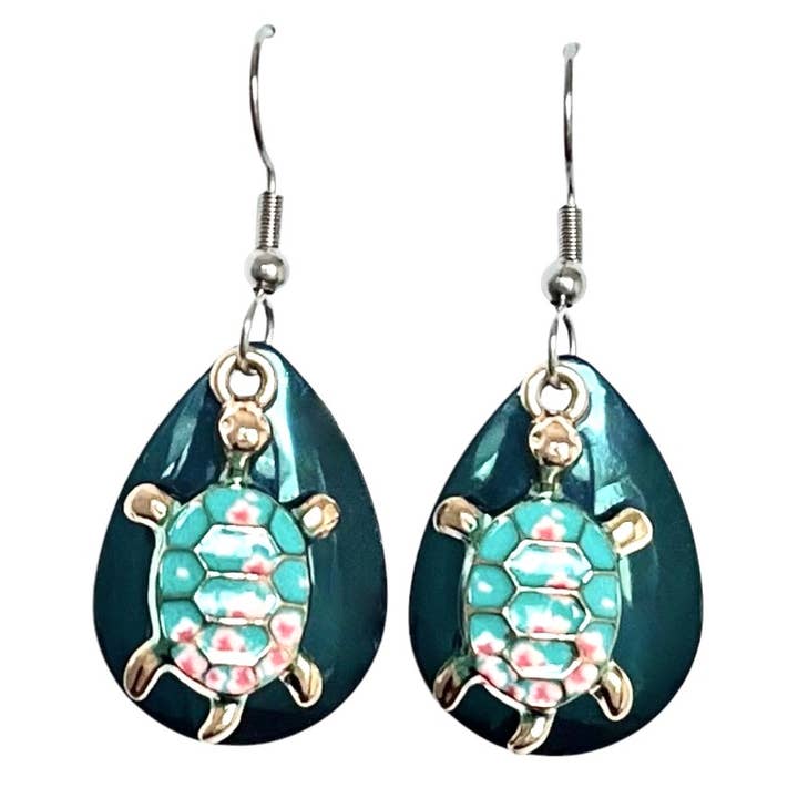 Eye Catching Jewelry - Wholesale Dangle Earrings - Teal Sea Turtle Earrings Gold tone Jewelry Handmade Beach