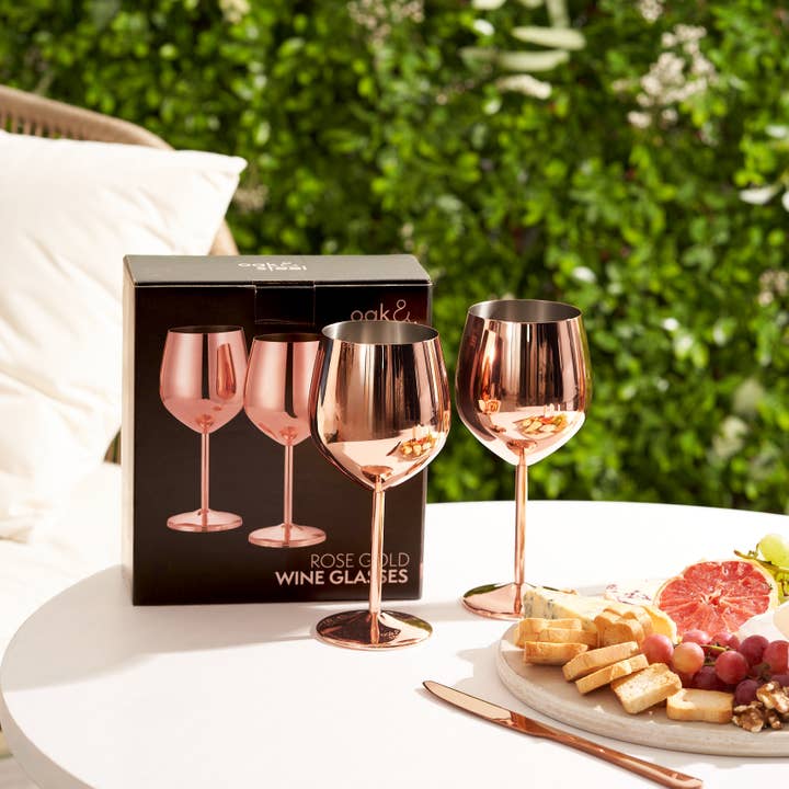 Oak & Steel – Großhandel Weingläser – 2 Weingläser aus Edelstahl in Roségold, 500 ml