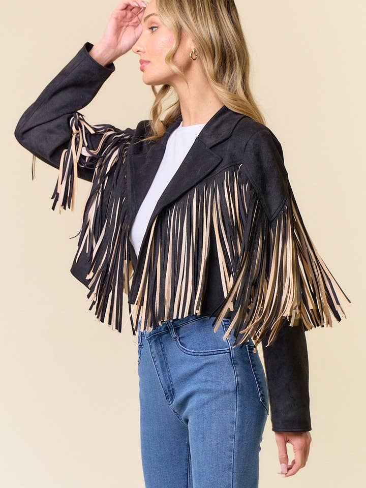 Saints & Hearts - Vente Veste – femme - SIJ5279A VESTE NOIRE À FRANGES OUVERTES SUR LE DEVANT (Copy (C)