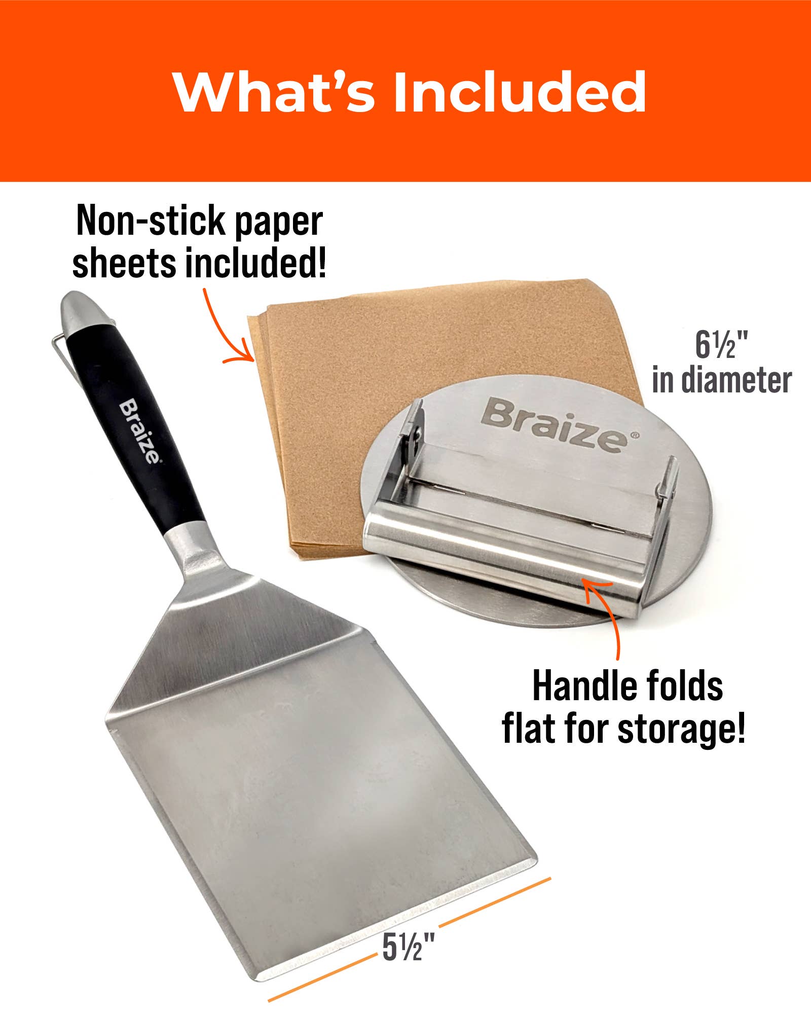 Braize - Wholesale Kitchen Tool/Gadget - Smash Burger Kit – Press, Spatula & Non-Stick Paper Sheets1
