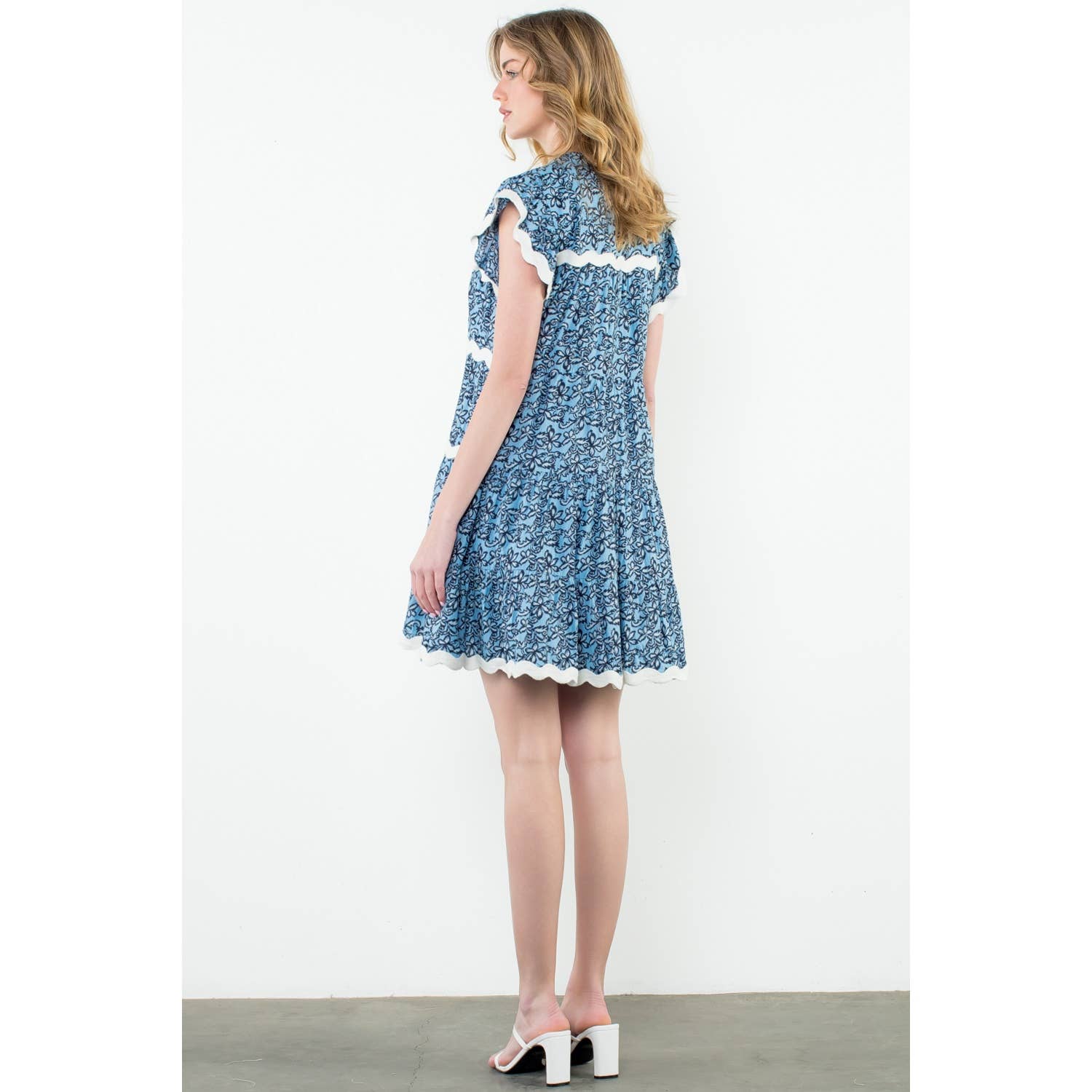 BLUE Wave Trim Flutter Sleeve Print Dress for wholesale on Faire4