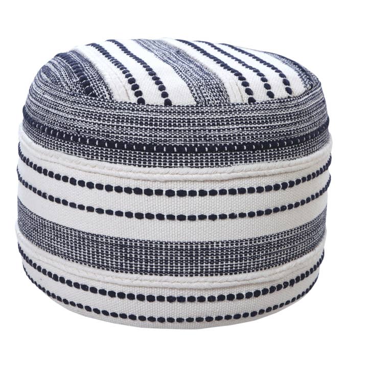 Blue White Navy and Ivory Seaside Striped Textured Pouf Ottoman for wholesale on Faire