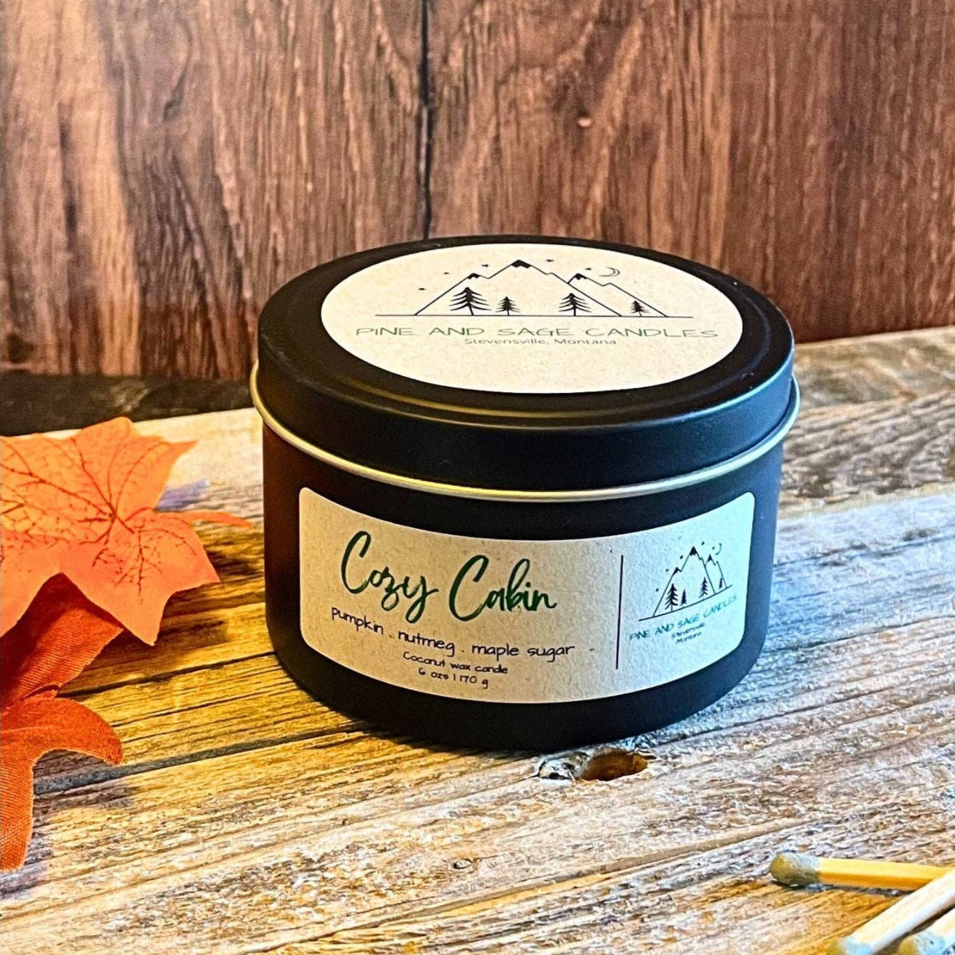 Pine and Sage Candles - Wholesale Travel Candles - Cozy Cabin - 6 oz Black Matte Candle Tin3