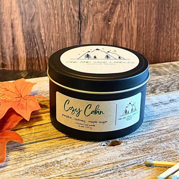 Pine and Sage Candles - Wholesale Travel Candles - Cozy Cabin-6 oz. Black Matte Tin1