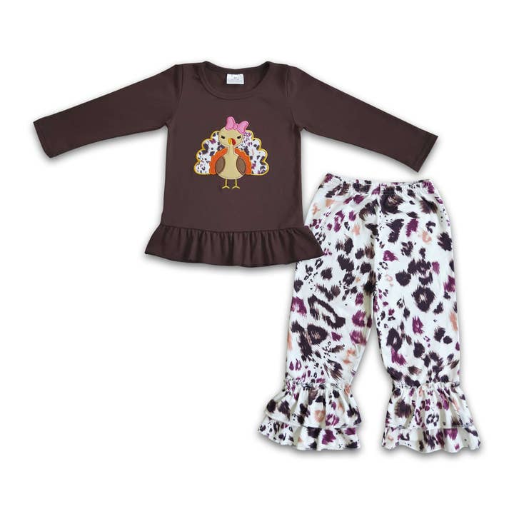 Brown cotton turkey embroidery girls Thanksgiving clothes for wholesale by Yawoo Garments