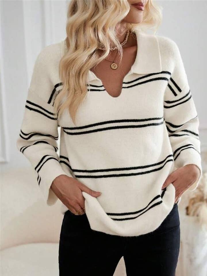 Rosa Clothing - Wholesale Knit Sweater - Women's - Casual Polo Collar Striped Contrast Sweater3
