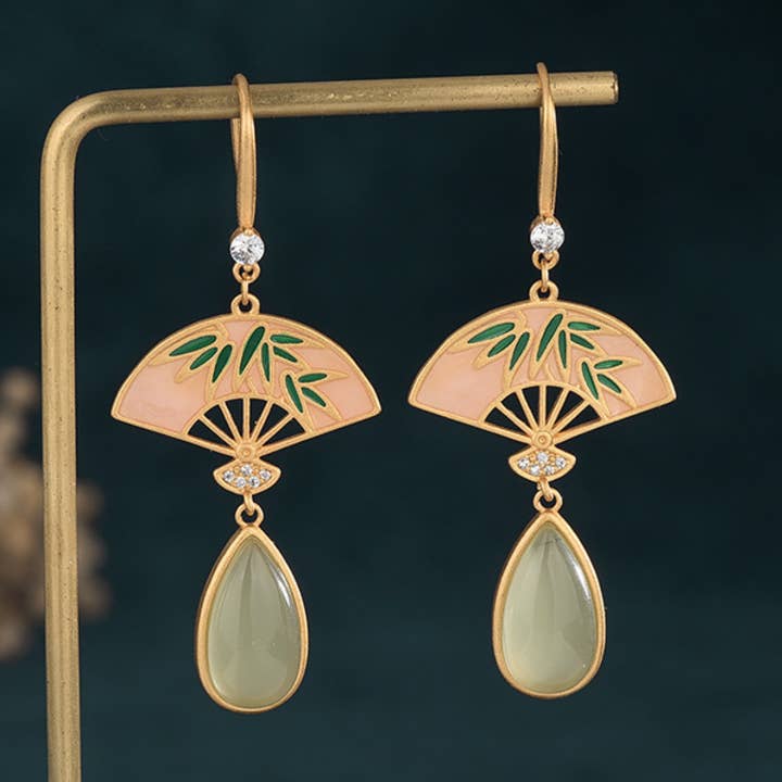 Green Bamboo on White Fan Earrings for wholesale by Bright MacMing