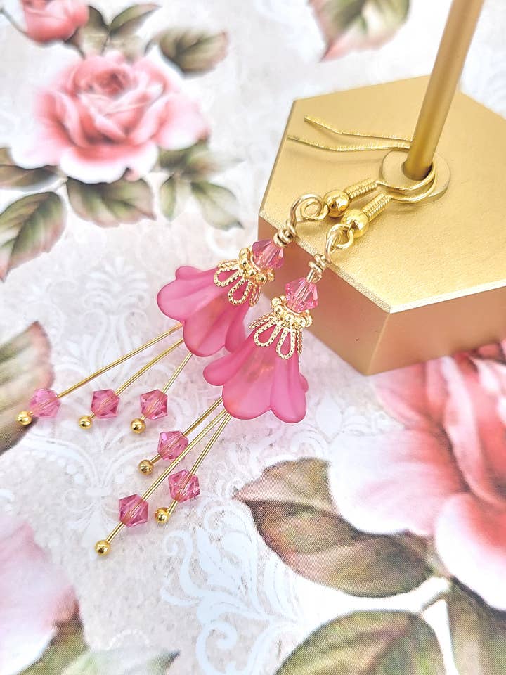 Bell Flower Dangle Earrings - Deep Fuchsia Pink and Gold for wholesale by Chic Brico