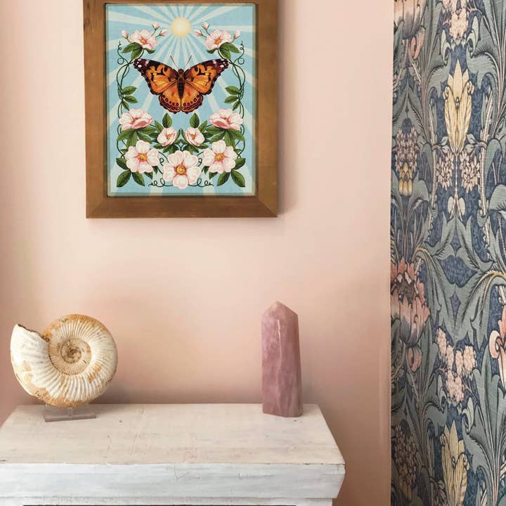 Folk Meadow - Wholesale Art Print - Painted Lady Butterfly & Wild Roses Sunshine Print - 8x102