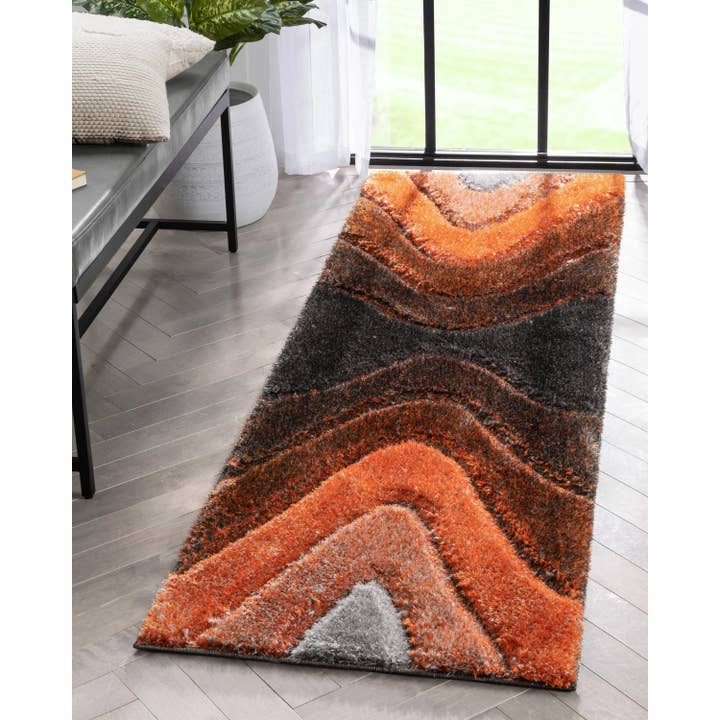 Well Woven - Wholesale Area rug - Luz Modern Geometric Grey Orange 3D Textured Thick & Soft Shag Rug9
