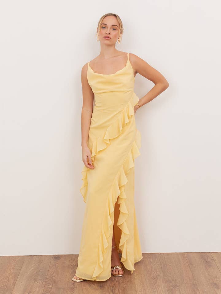 Anaya With Love Recycled Butter Yellow Waterfall Ruffle Cowl Neck Cami Maxi Dress for wholesale by Plaza Collection Ltd