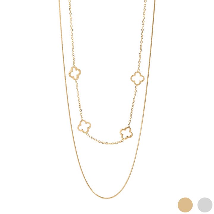 WJW - Wholesale Pendant/Charm Necklace - 18K Gold PVD Stainless Steel Layered Clover Charm Necklace