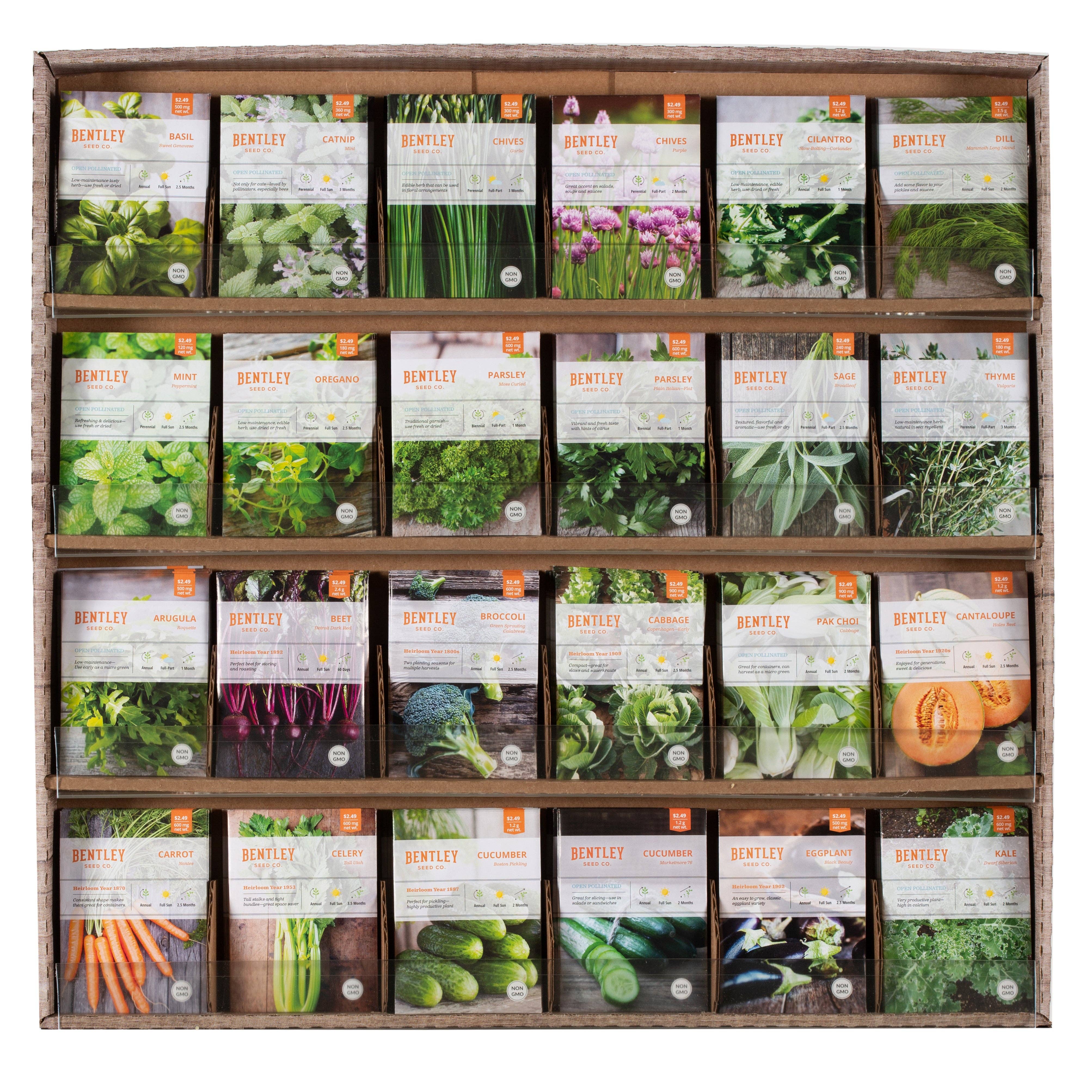 Bentley Seed Co. - Wholesale Retailer Display Stand/Case - 500 Piece Vegetable and Herb Seed Packet Retail POS Corrugated Display1