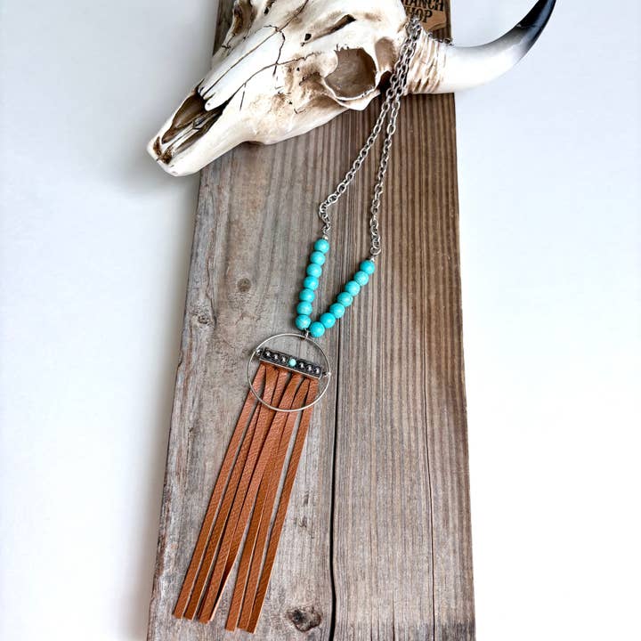 Boho Ranch Shop - Wholesale Pendant/Charm Necklace - Western Boho Leather Tassel Pendant and Stone Long Necklace 3