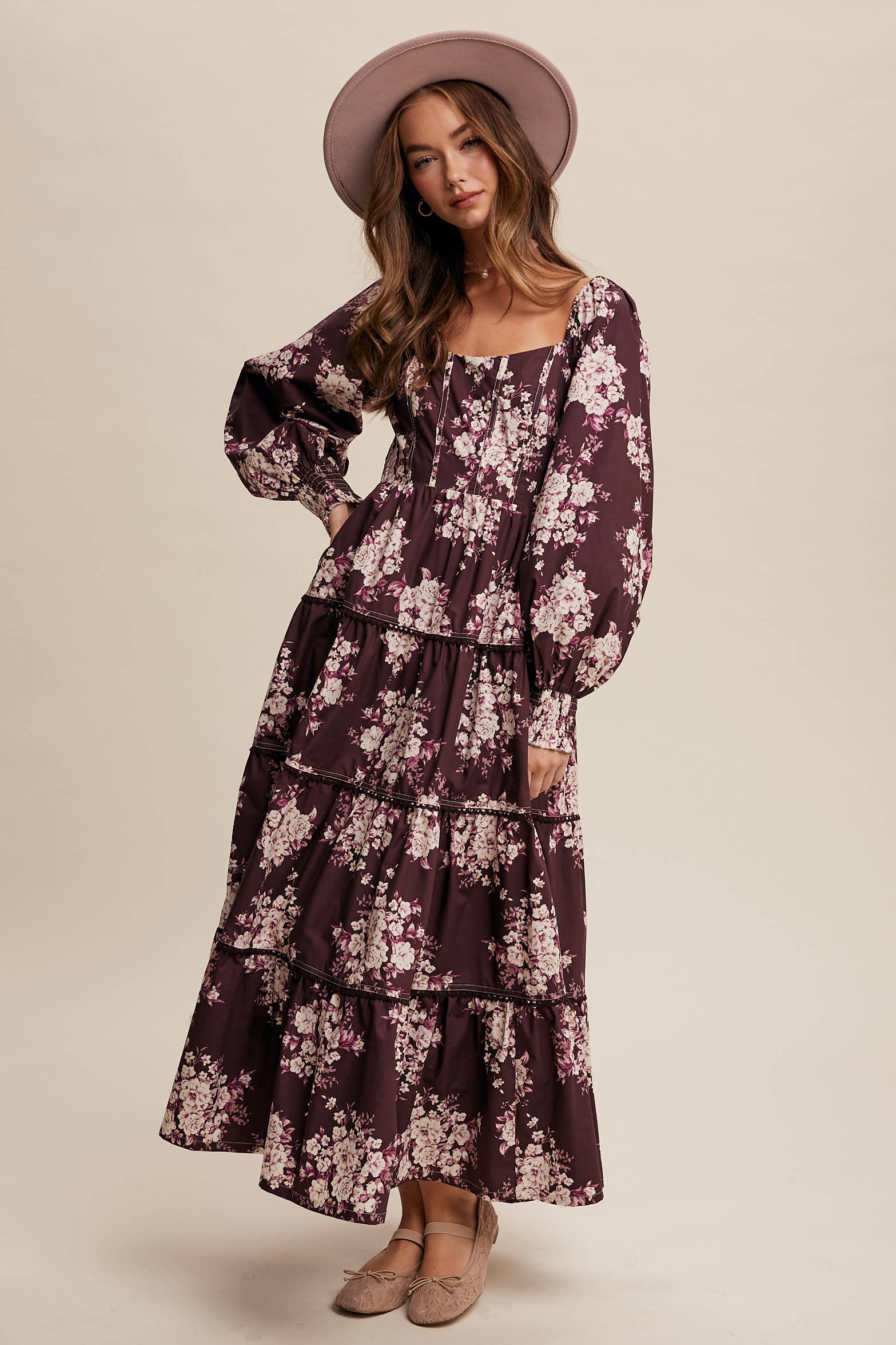 Listicle - Wholesale Dress - Women's - Romantic Floral Tiered Maxi Dress1