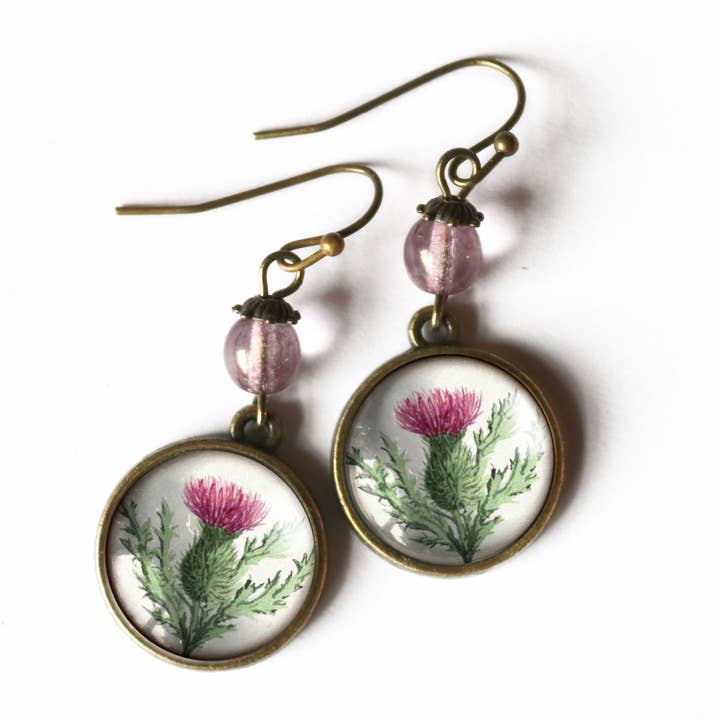 The Divine Iguana - Wholesale Dangle Earrings - Scottish Thistle Glass Cabochon Earrings1