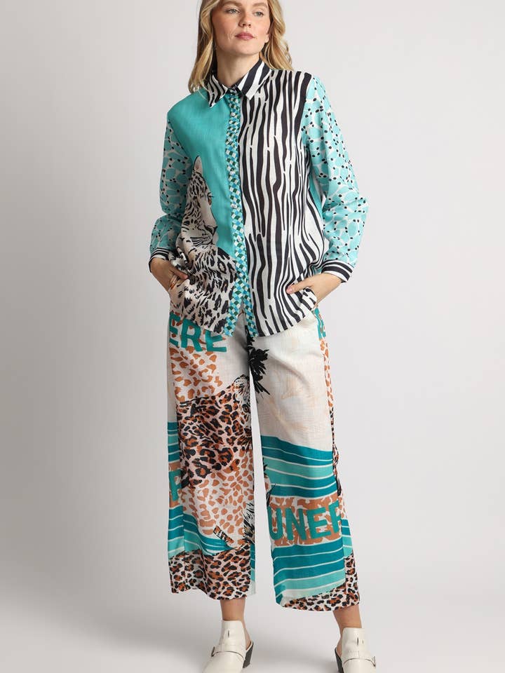 Multi-Printed Linen Style Top & Pants Set QC6489 for wholesale by Beulah Style