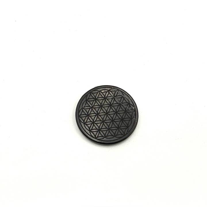 Meraki Gemstones - Wholesale Spiritual Stone/Crystal - Shungite EMF Cell Phone Tile Engraved w/Flower of Life-30MM