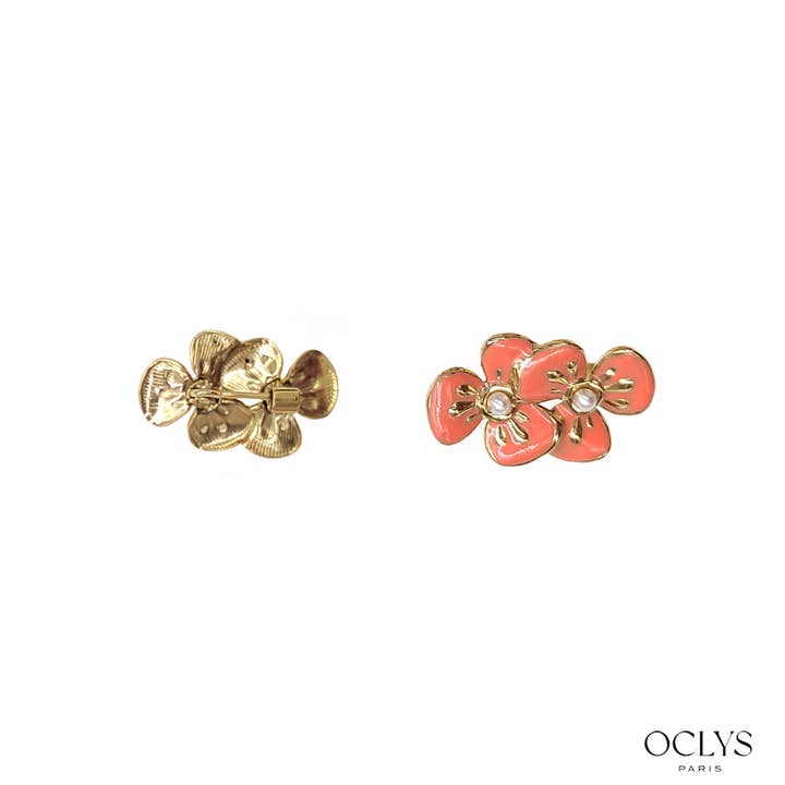 Oclys - Wholesale Brooch - Double flower brooch in gold stainless steel Lila1