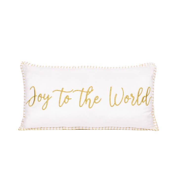 Joy to the World Embroidered Pillow White/Gold 13x24 for wholesale by The Royal Standard