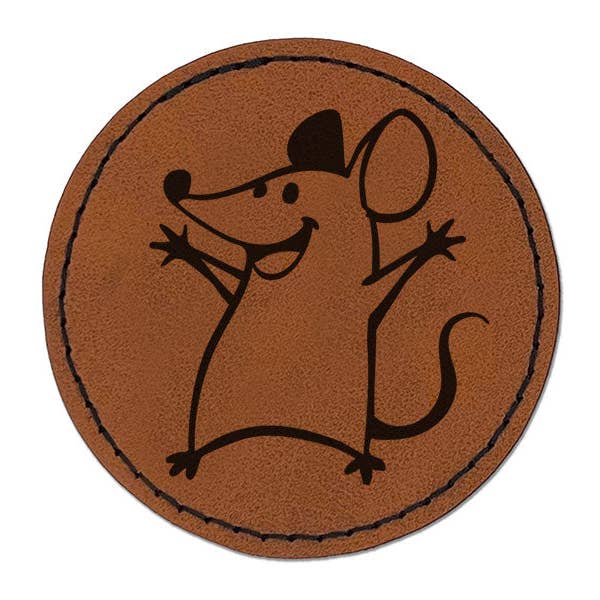Cheering Happy Cartoon Mouse Round Iron-On Engraved Faux Leather Patch Applique - 2.5 Inch for wholesale by Sniggle Sloth