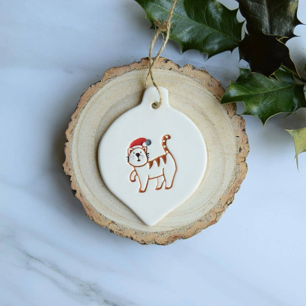 Broadlands Pottery – wholesale Ornament – Christmas - Cat with Santa Hat - Handmade ceramic bauble2