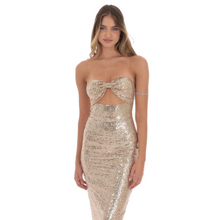 Lucy In The Sky - Wholesale Dress - Women's - Sequin Bow Cutout Maxi Dress in Gold
