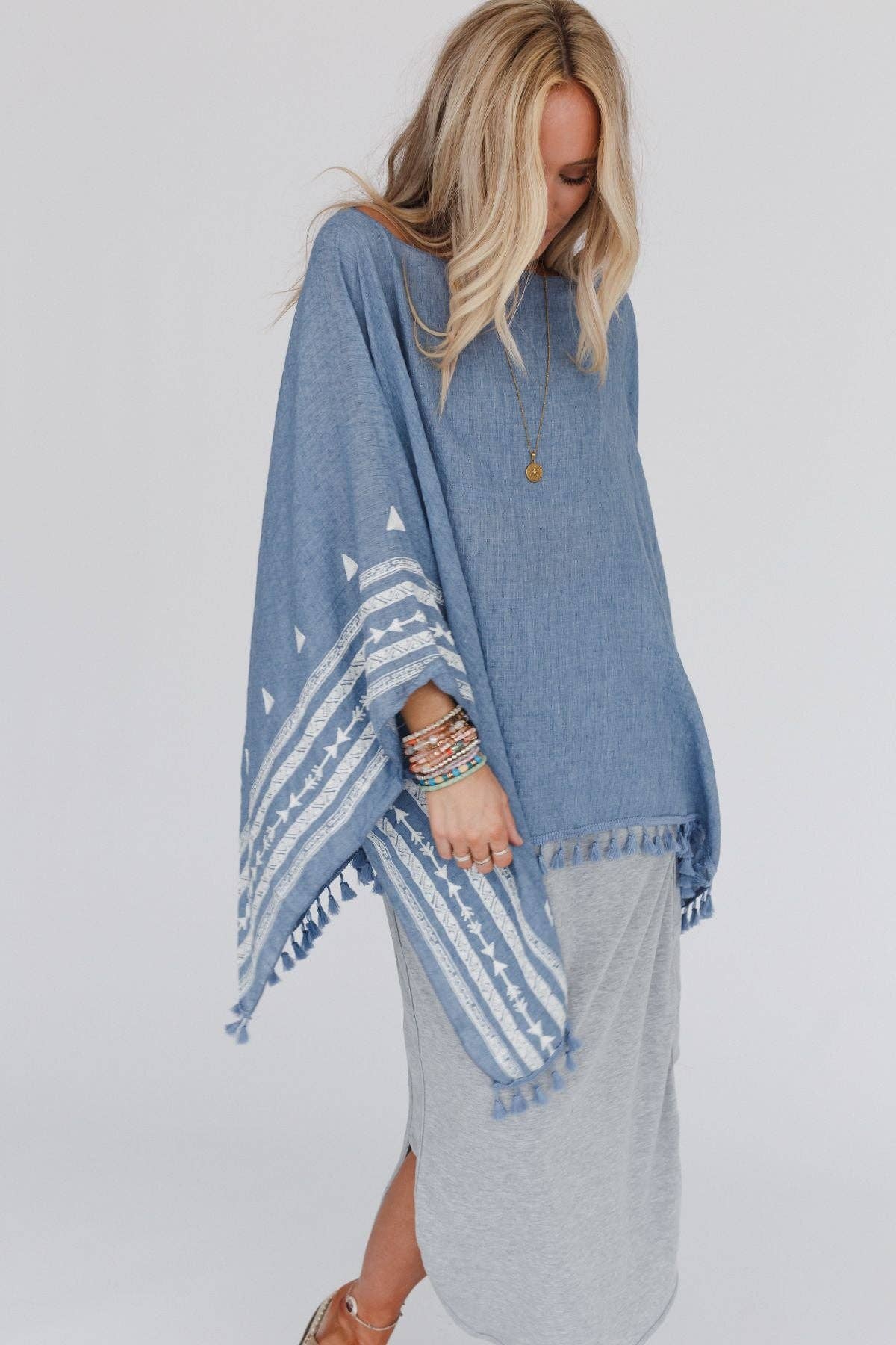 Three Bird Nest - Wholesale Poncho - Women's - Fallon Embroidered Sleeve Tassel Poncho - Blue6
