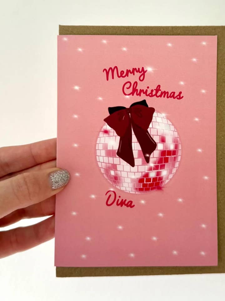 "Merry Christmas Diva" greeting card. A6. Pink Discoball for wholesale by Gallerybylara